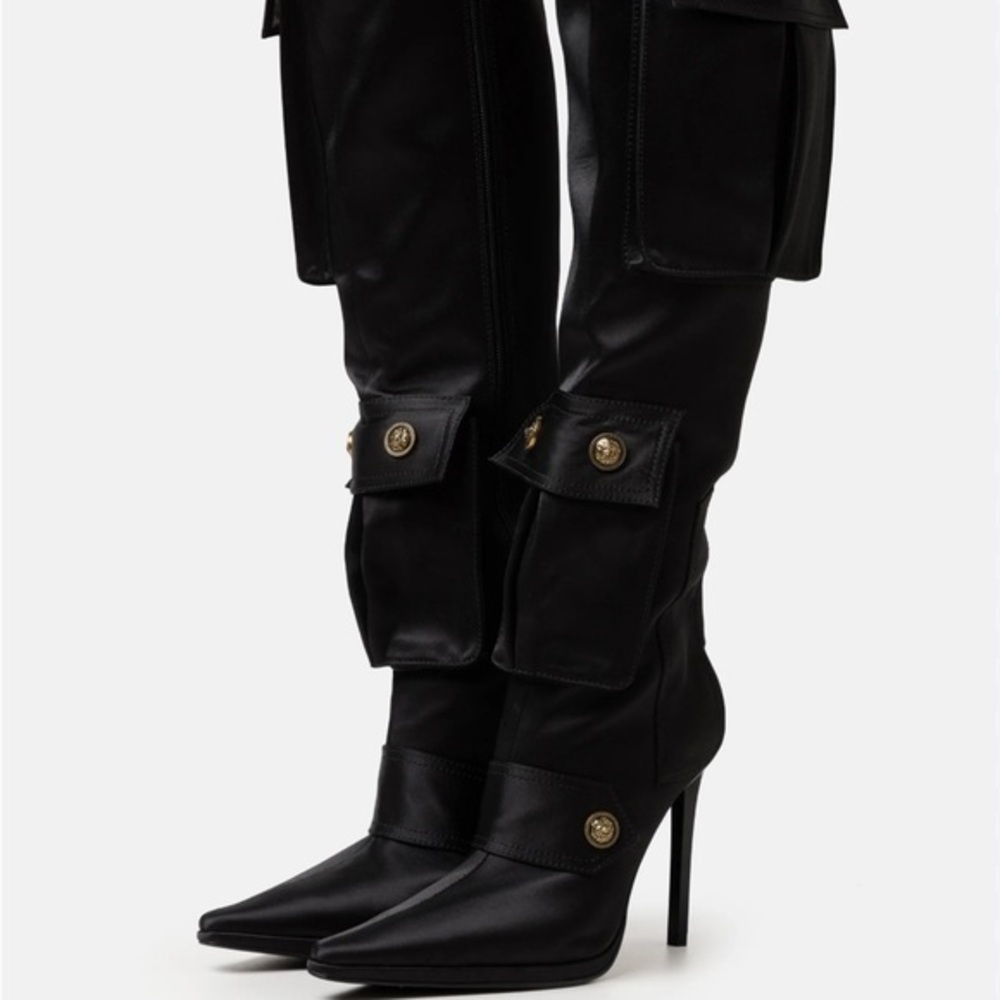 Jeffrey Campbell Pocketed Black Satin Stiletto Heel Embellished Pointed Boot